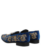 Dolce & Gabbana Blue Velvet Embellished Dress Loafers Shoes Dolce & Gabbana