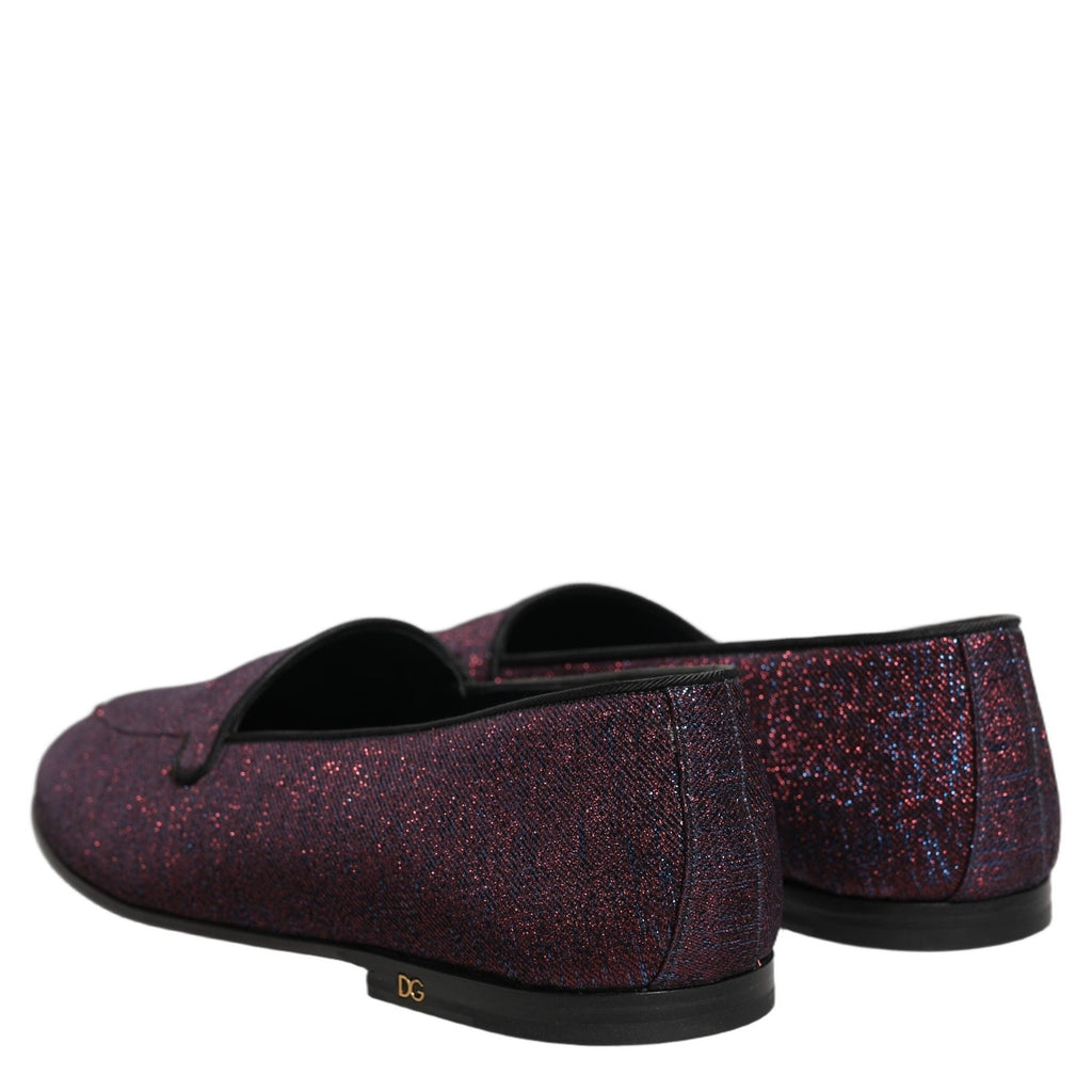 Dolce & Gabbana Maroon Glitter Lurex Logo Dress Loafers Shoes Dolce & Gabbana
