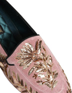 Dolce & Gabbana Pink Velvet Floral Embroidery Loafers Shoes Dolce & Gabbana