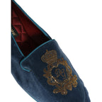 Dolce & Gabbana Blue Velvet Crown Embroidery Loafers Shoes Dolce & Gabbana