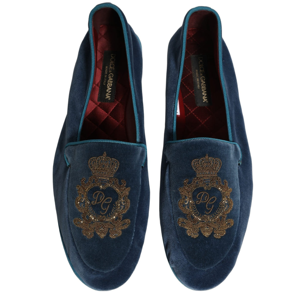 Dolce & Gabbana Blue Velvet Crown Embroidery Loafers Shoes Dolce & Gabbana