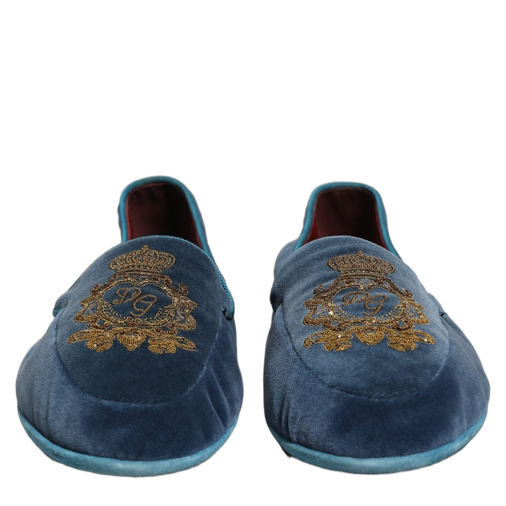 Dolce & Gabbana Blue Velvet Crown Embroidery Loafers Shoes Dolce & Gabbana