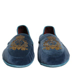 Dolce & Gabbana Blue Velvet Crown Embroidery Loafers Shoes Dolce & Gabbana