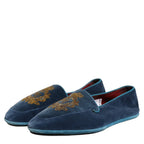 Dolce & Gabbana Blue Velvet Crown Embroidery Loafers Shoes Dolce & Gabbana