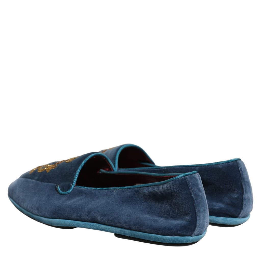 Dolce & Gabbana Blue Velvet Crown Embroidery Loafers Shoes Dolce & Gabbana