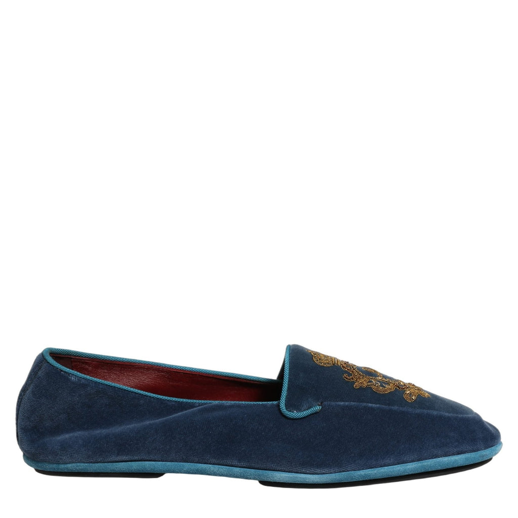 Dolce & Gabbana Blue Velvet Crown Embroidery Loafers Shoes Dolce & Gabbana