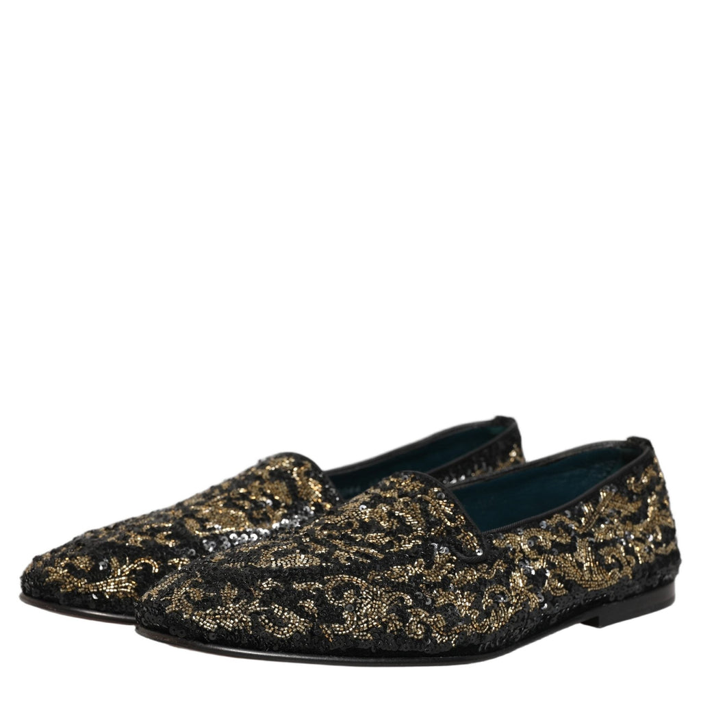 Dolce & Gabbana Black Gold Embellished Dress Loafers Shoes Dolce & Gabbana