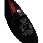 Dolce & Gabbana Black Velvet Crown Embroidery Loafers Shoes Dolce & Gabbana
