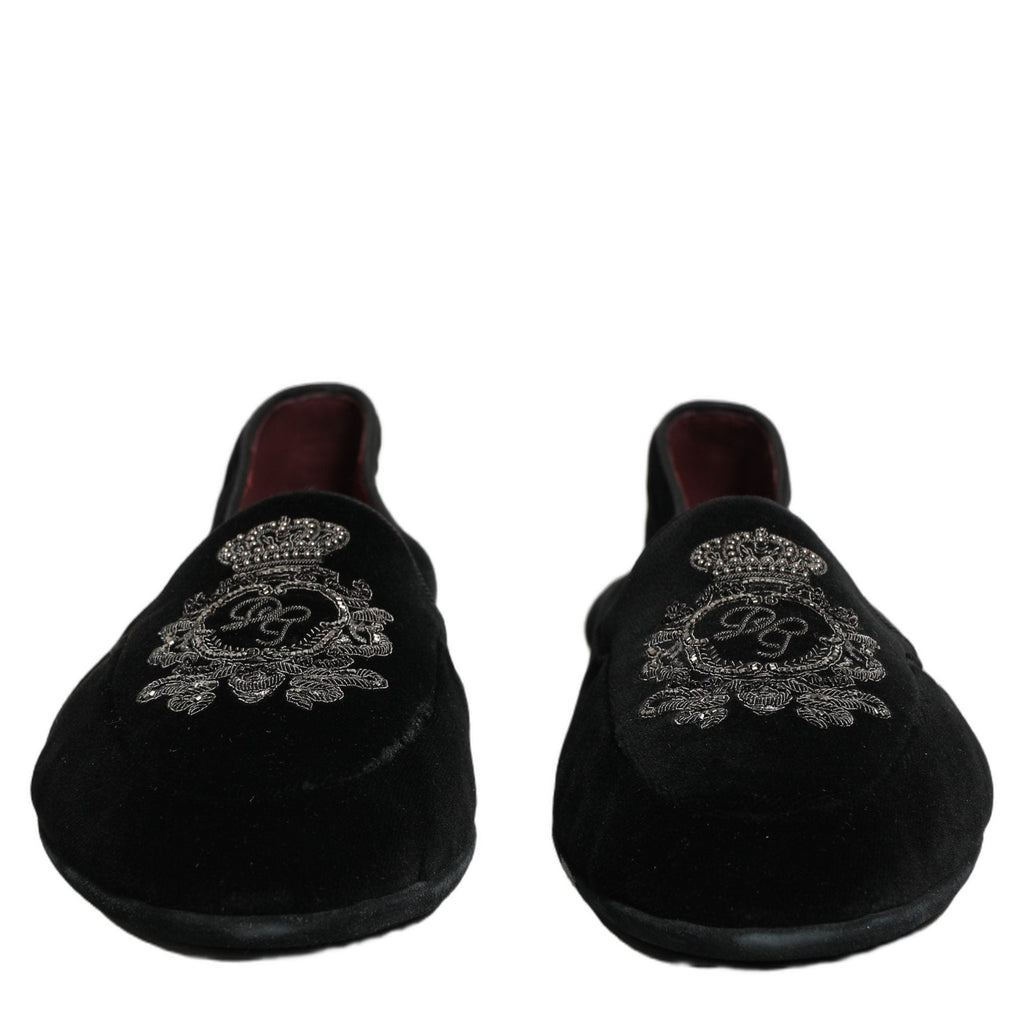 Dolce & Gabbana Black Velvet Crown Embroidery Loafers Shoes Dolce & Gabbana