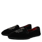 Dolce & Gabbana Black Velvet Crown Embroidery Loafers Shoes Dolce & Gabbana