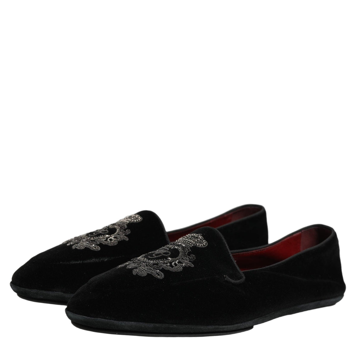 Dolce & Gabbana Black Velvet Crown Embroidery Loafers Shoes Dolce & Gabbana