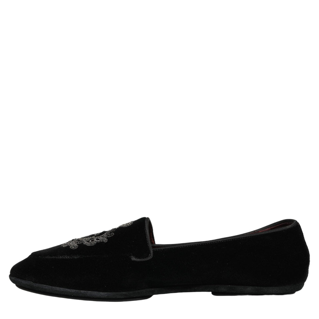 Dolce & Gabbana Black Velvet Crown Embroidery Loafers Shoes Dolce & Gabbana