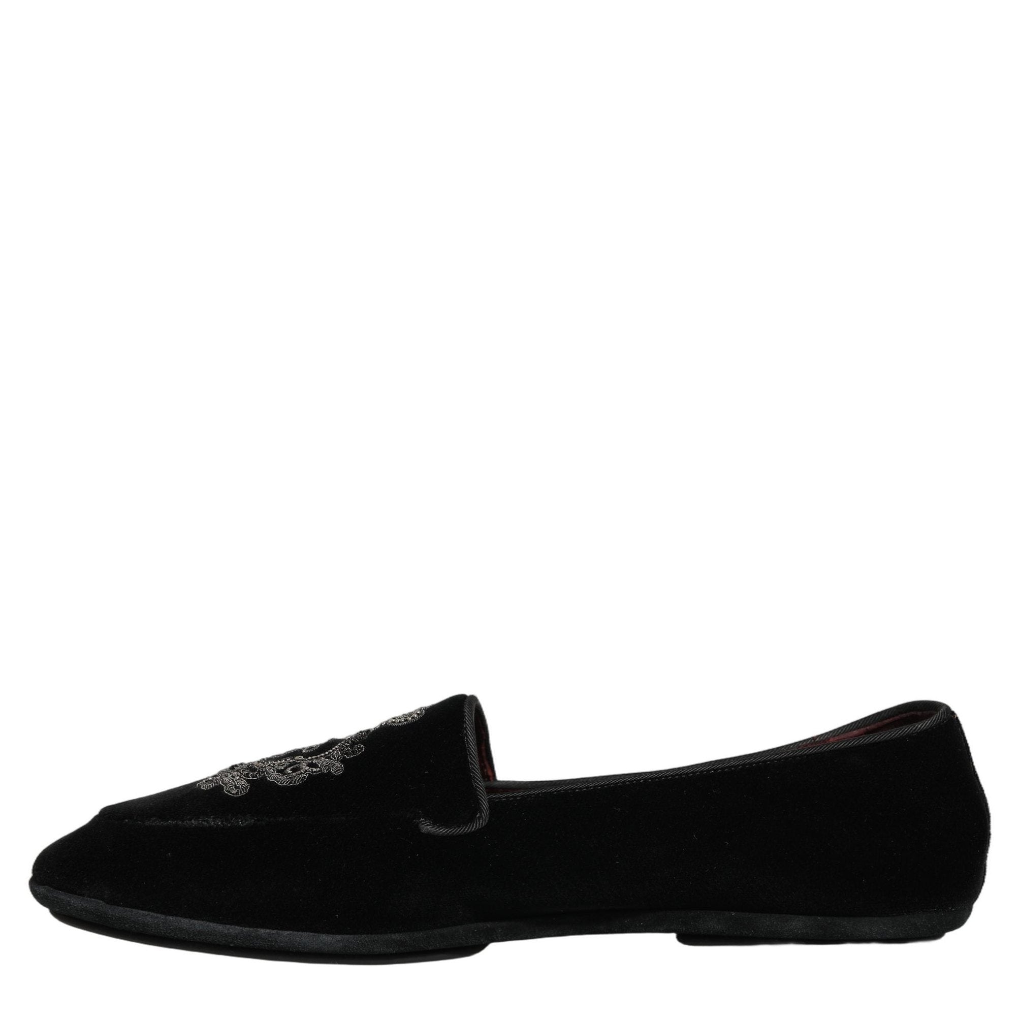 Dolce & Gabbana Black Velvet Crown Embroidery Loafers Shoes Dolce & Gabbana