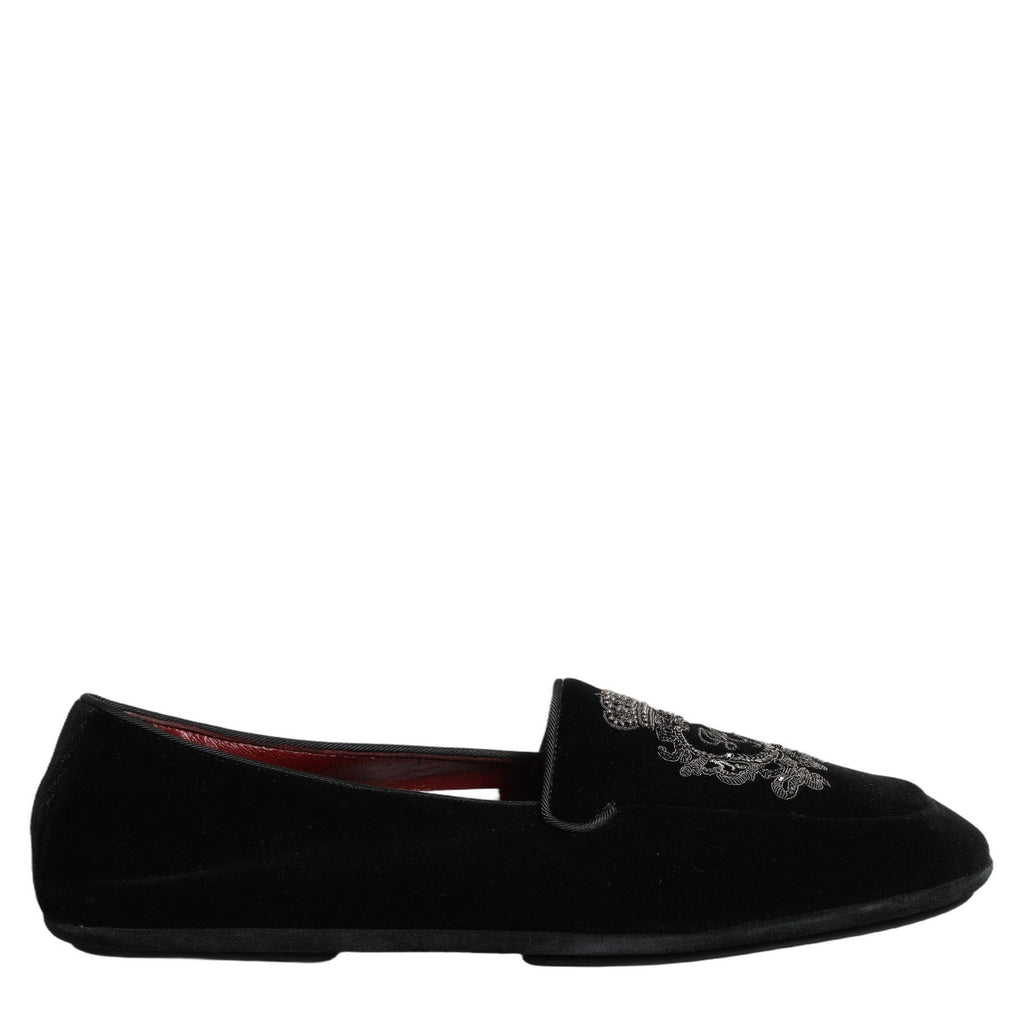 Dolce & Gabbana Black Velvet Crown Embroidery Loafers Shoes Dolce & Gabbana
