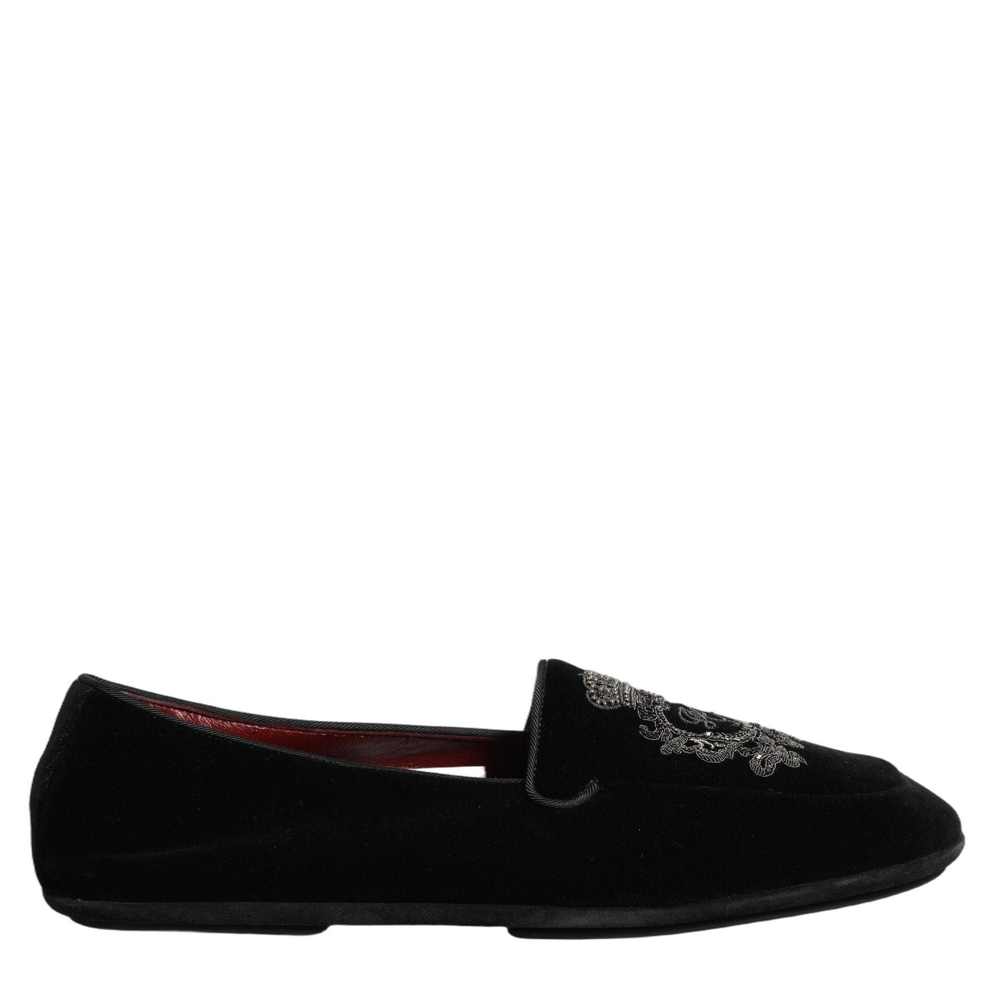 Dolce & Gabbana Black Velvet Crown Embroidery Loafers Shoes Dolce & Gabbana