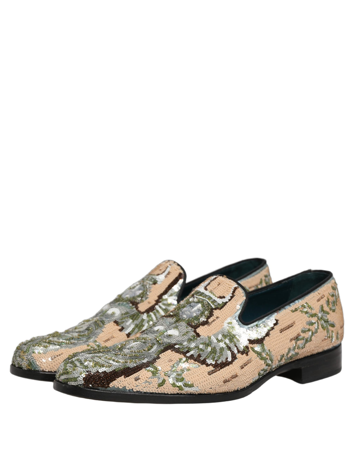 Dolce & Gabbana Beige Sequin Embroidery Dress Loafers Shoes Dolce & Gabbana