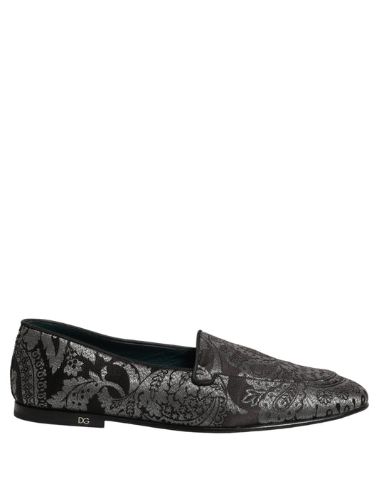 Dolce & Gabbana Silver Jacquard Leather Slip On Loafers Shoes Dolce & Gabbana