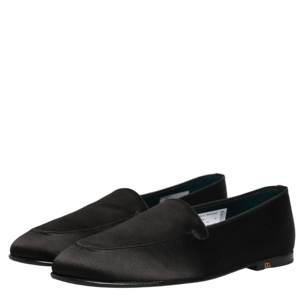 Dolce & Gabbana Black Satin Logo Slip On Flats Loafers Shoes Dolce & Gabbana