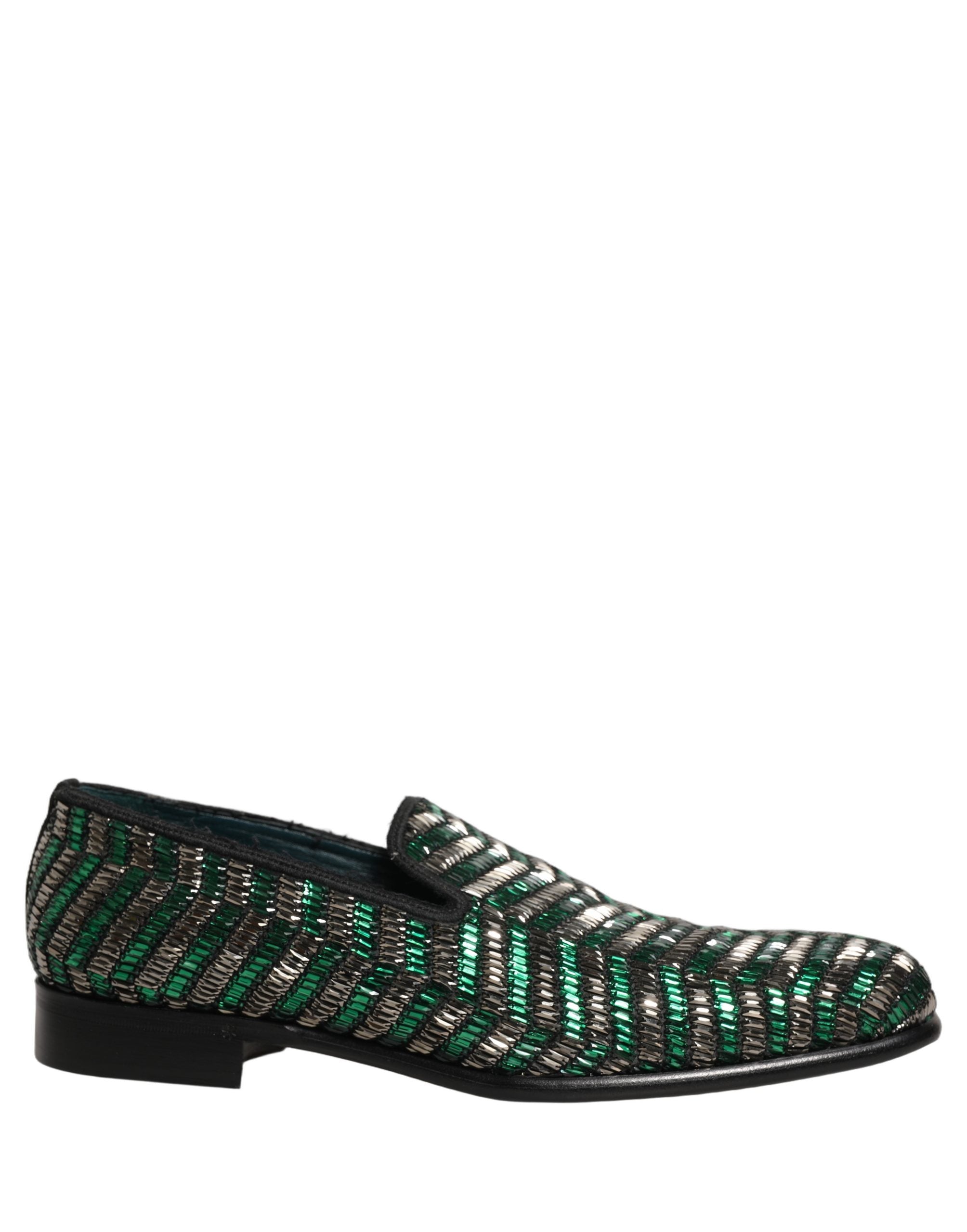 Dolce & Gabbana Silver Green Embellished Dress Loafers Shoes Dolce & Gabbana