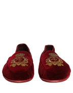 Dolce & Gabbana Maroon Velvet Crown Embroidery Loafers Shoes Dolce & Gabbana