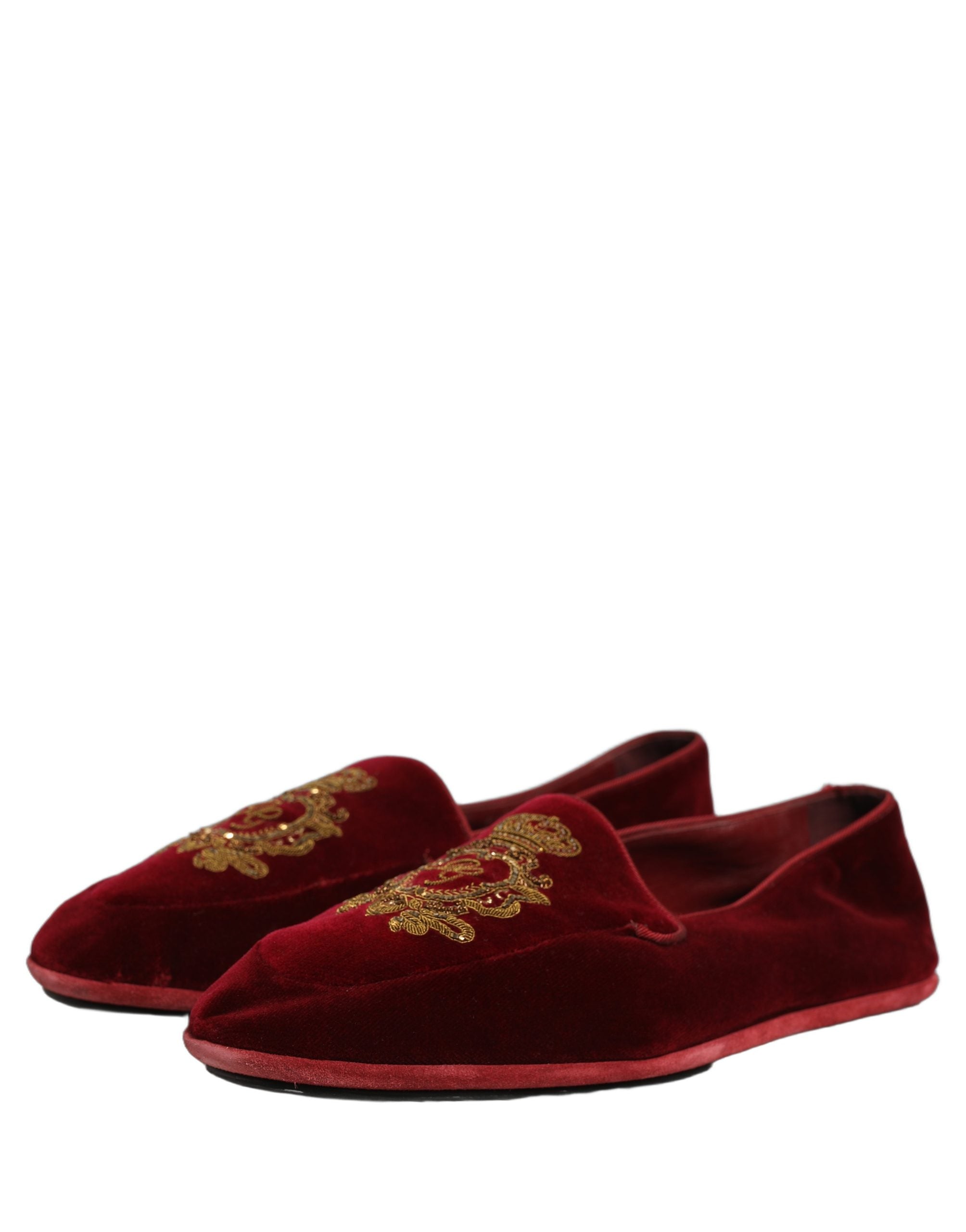 Dolce & Gabbana Maroon Velvet Crown Embroidery Loafers Shoes Dolce & Gabbana