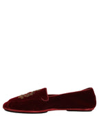 Dolce & Gabbana Maroon Velvet Crown Embroidery Loafers Shoes Dolce & Gabbana