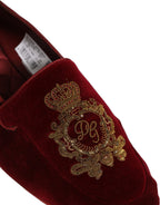 Dolce & Gabbana Maroon Velvet Crown Embroidery Loafers Shoes - Eljoys Fashion 