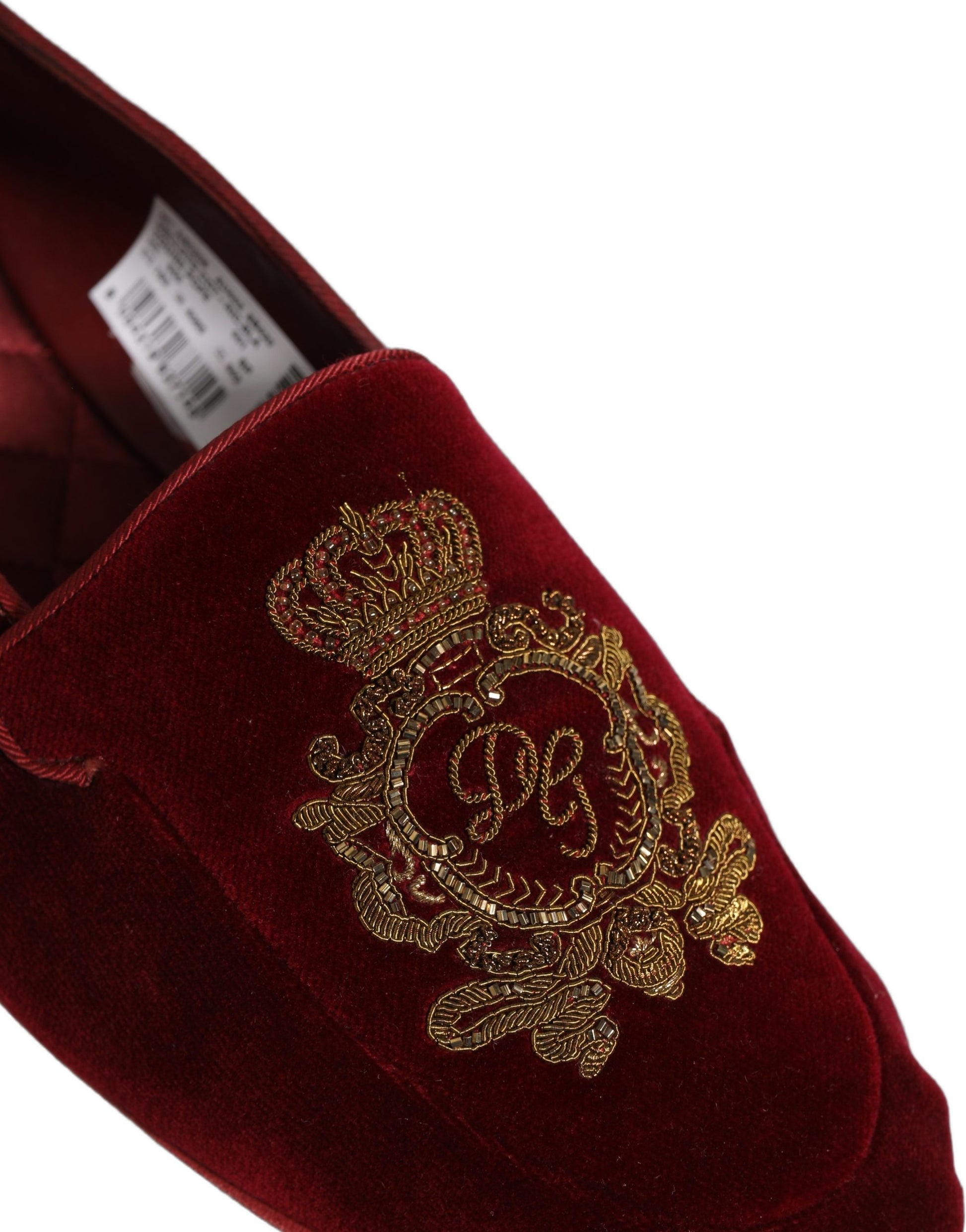 Dolce & Gabbana Maroon Velvet Crown Embroidery Loafers Shoes Dolce & Gabbana