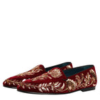 Dolce & Gabbana Red Velvet Floral Embroidery Loafers Shoes Dolce & Gabbana
