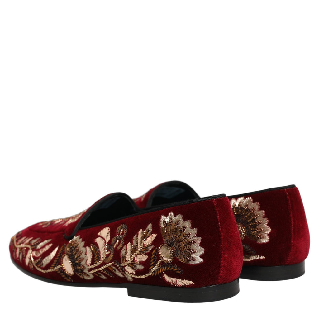 Dolce & Gabbana Red Velvet Floral Embroidery Loafers Shoes Dolce & Gabbana