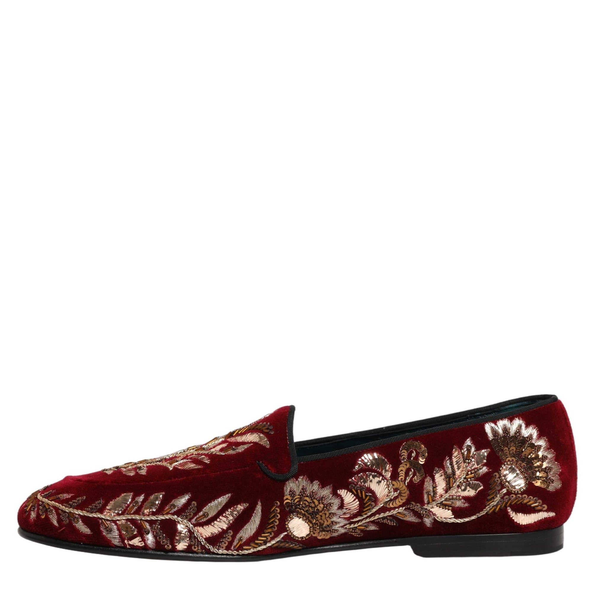 Dolce & Gabbana Red Velvet Floral Embroidery Loafers Shoes Dolce & Gabbana