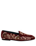Dolce & Gabbana Red Velvet Floral Embroidery Loafers Shoes - Eljoys Fashion 
