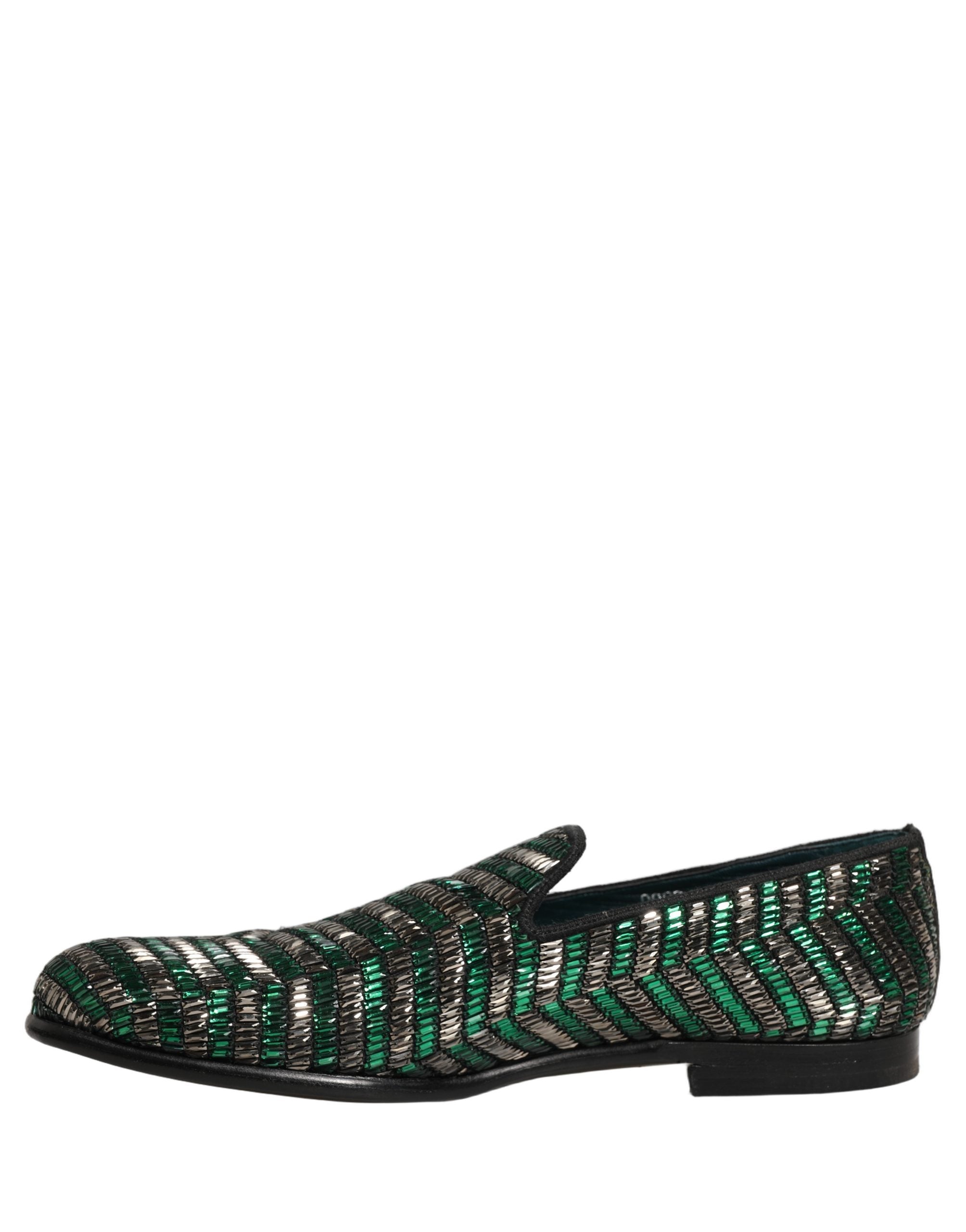 Dolce & Gabbana Silver Green Embellished Dress Loafers Shoes Dolce & Gabbana