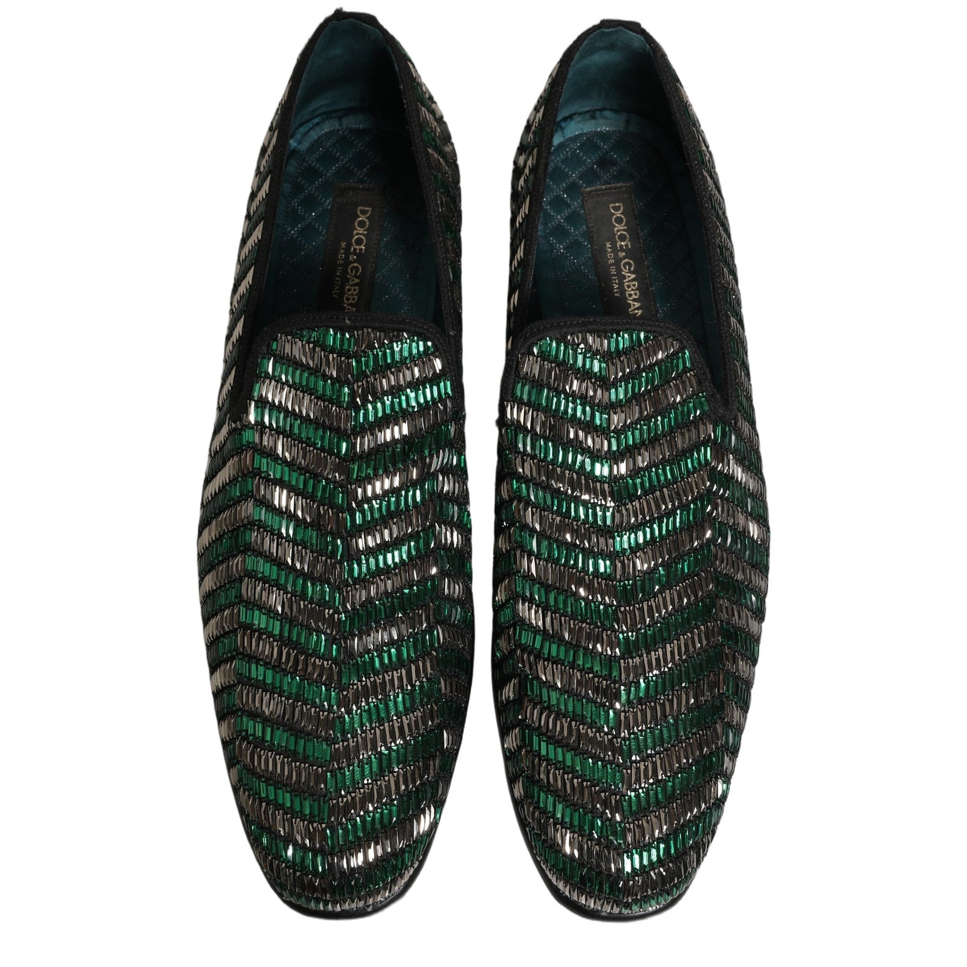 Dolce & Gabbana Silver Green Embellished Dress Loafers Shoes Dolce & Gabbana