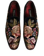 Dolce & Gabbana Black Velvet Floral Embroidery Loafers Shoes Dolce & Gabbana