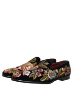Dolce & Gabbana Black Velvet Floral Embroidery Loafers Shoes Dolce & Gabbana