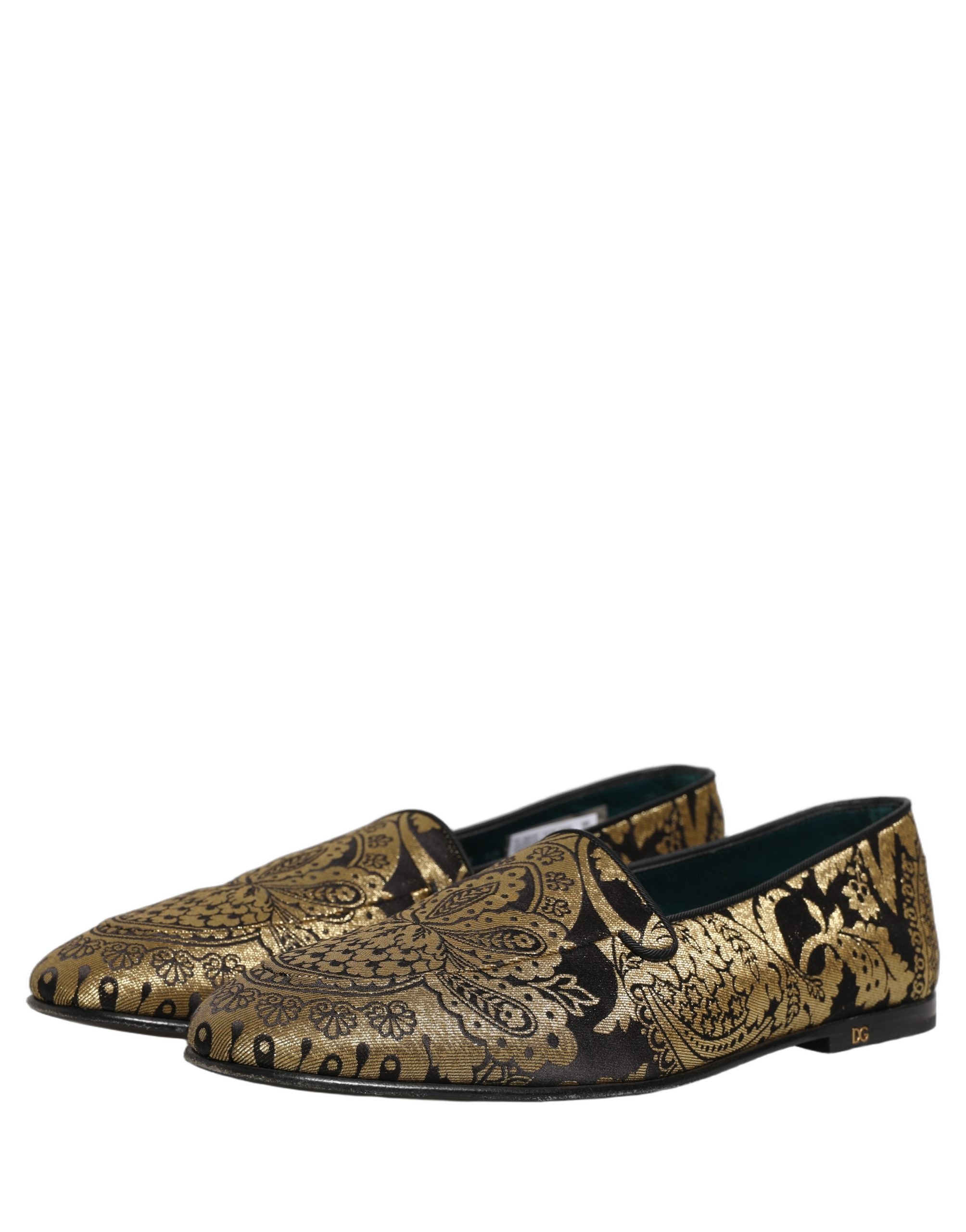 Dolce & Gabbana Gold Jacquard Leather Slip On Loafers Shoes Dolce & Gabbana