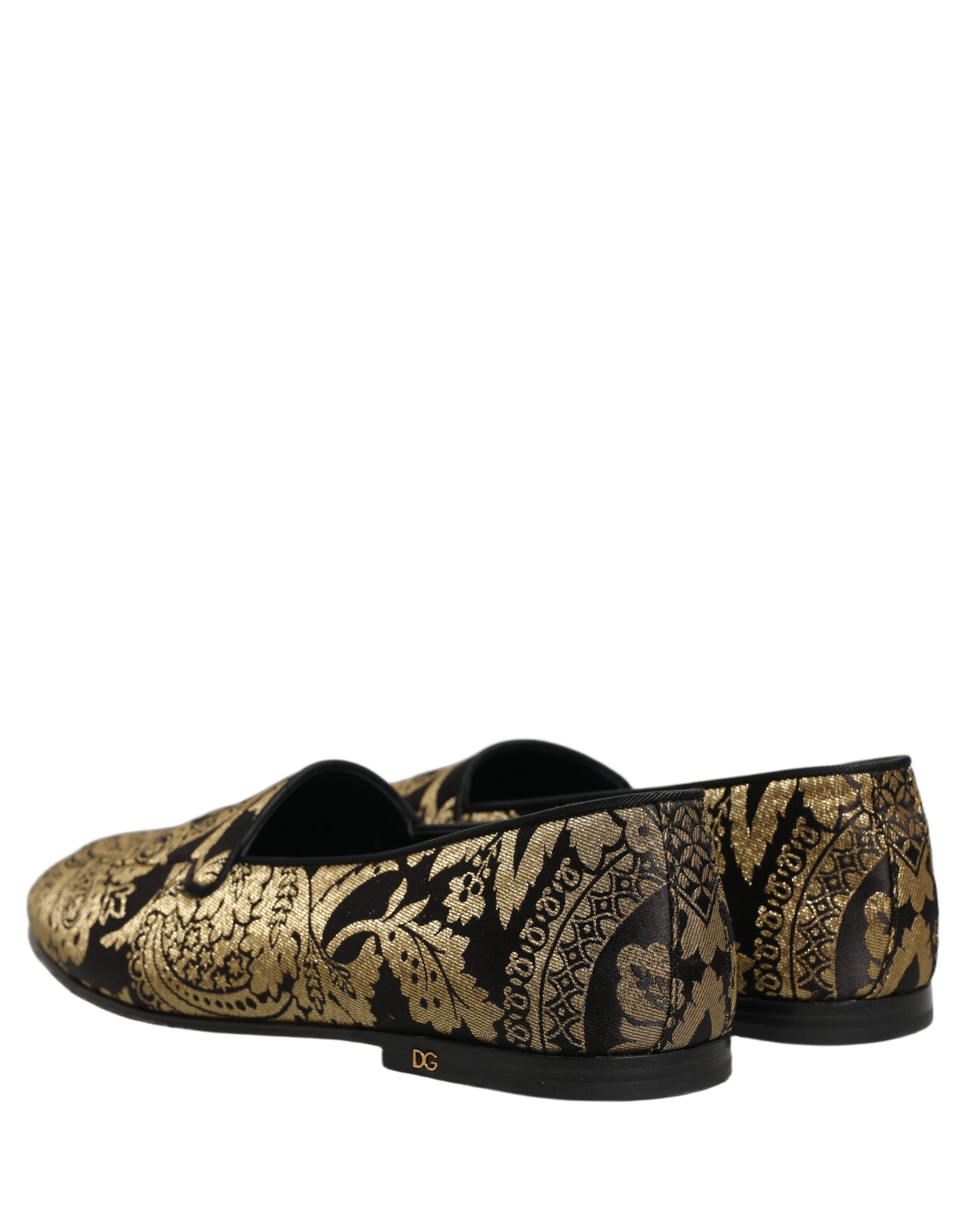 Dolce & Gabbana Gold Jacquard Leather Slip On Loafers Shoes Dolce & Gabbana