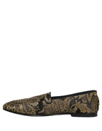 Dolce & Gabbana Gold Jacquard Leather Slip On Loafers Shoes Dolce & Gabbana