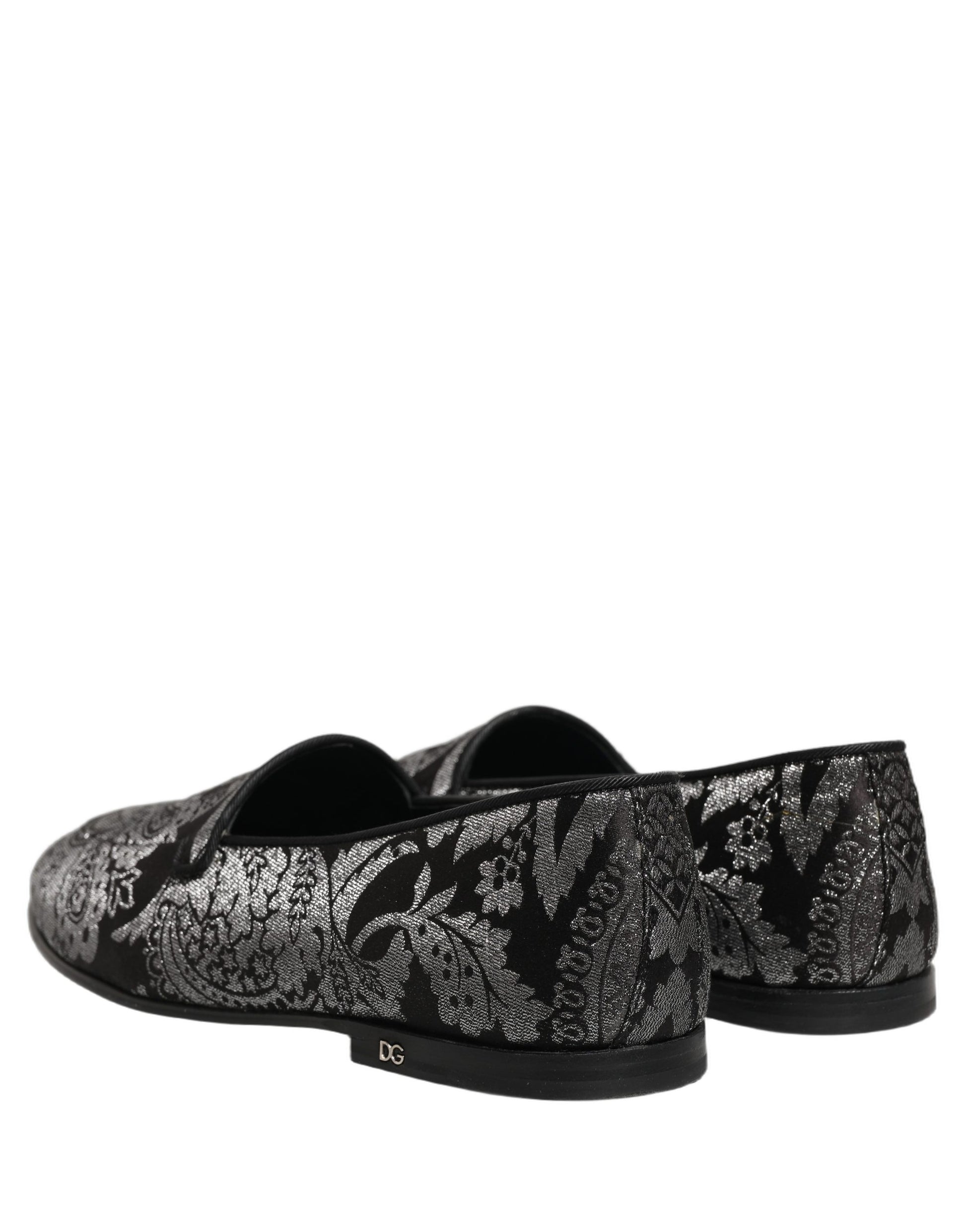 Dolce & Gabbana Silver Jacquard Leather Slip On Loafers Shoes Dolce & Gabbana