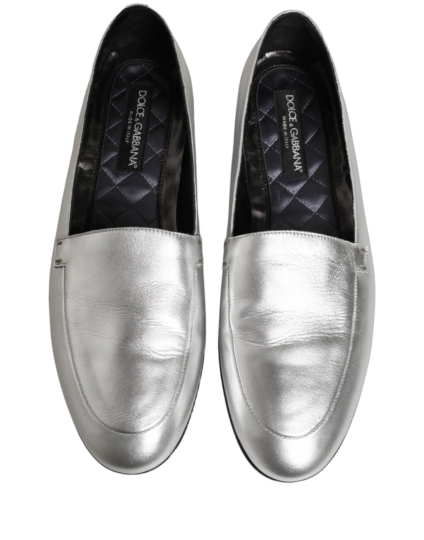 Dolce & Gabbana Silver Leather DG Logo Slip On Loafers Shoes Dolce & Gabbana
