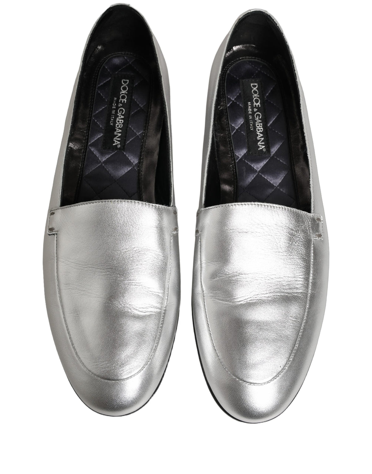 Dolce & Gabbana Silver Leather DG Logo Slip On Loafers Shoes Dolce & Gabbana