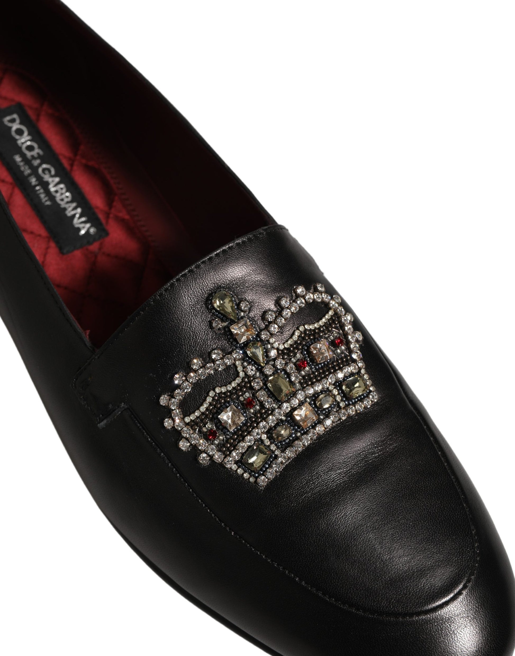Dolce & Gabbana Black Leather Crown Embellished Loafers Shoes Dolce & Gabbana