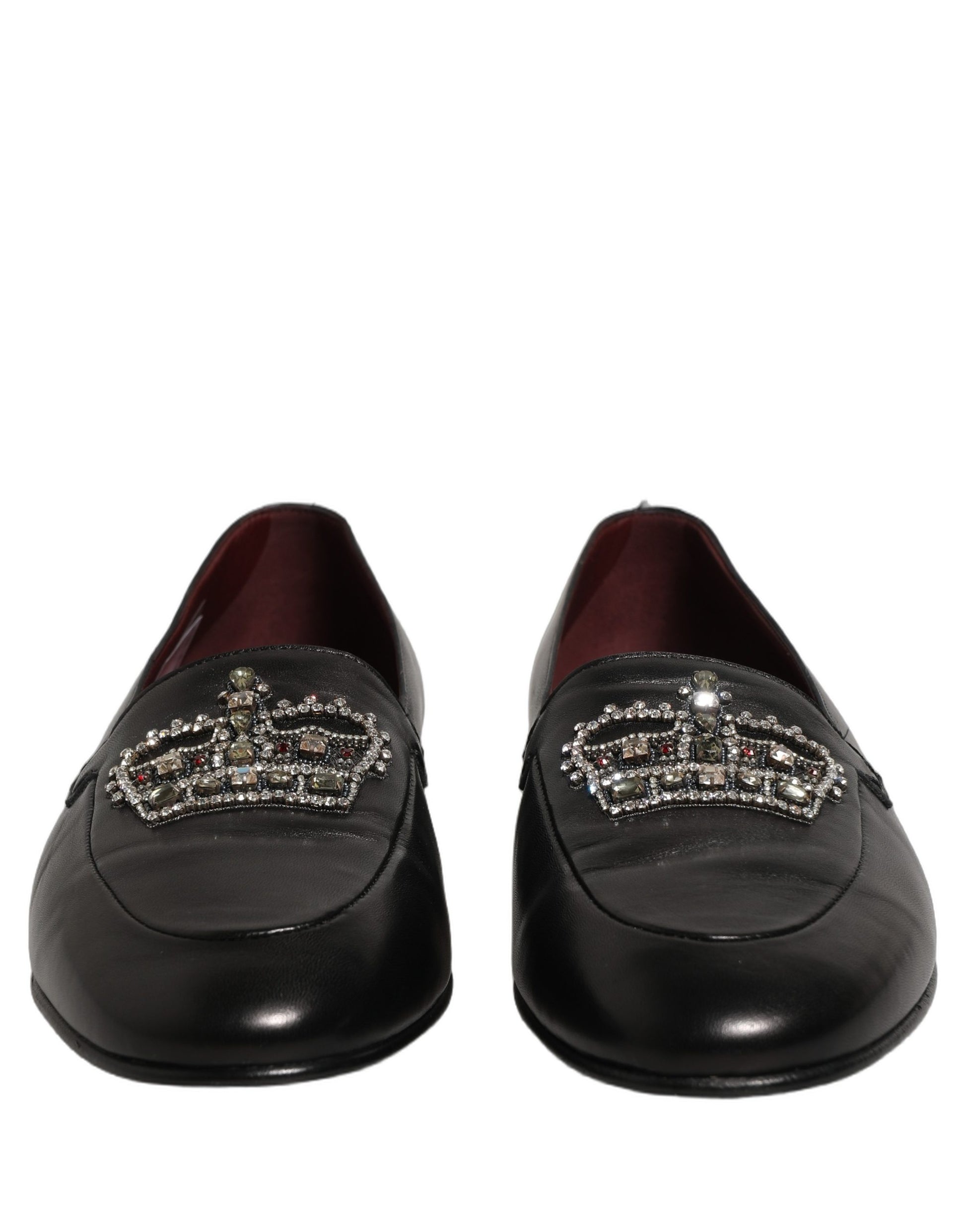 Dolce & Gabbana Black Leather Crown Embellished Loafers Shoes Dolce & Gabbana