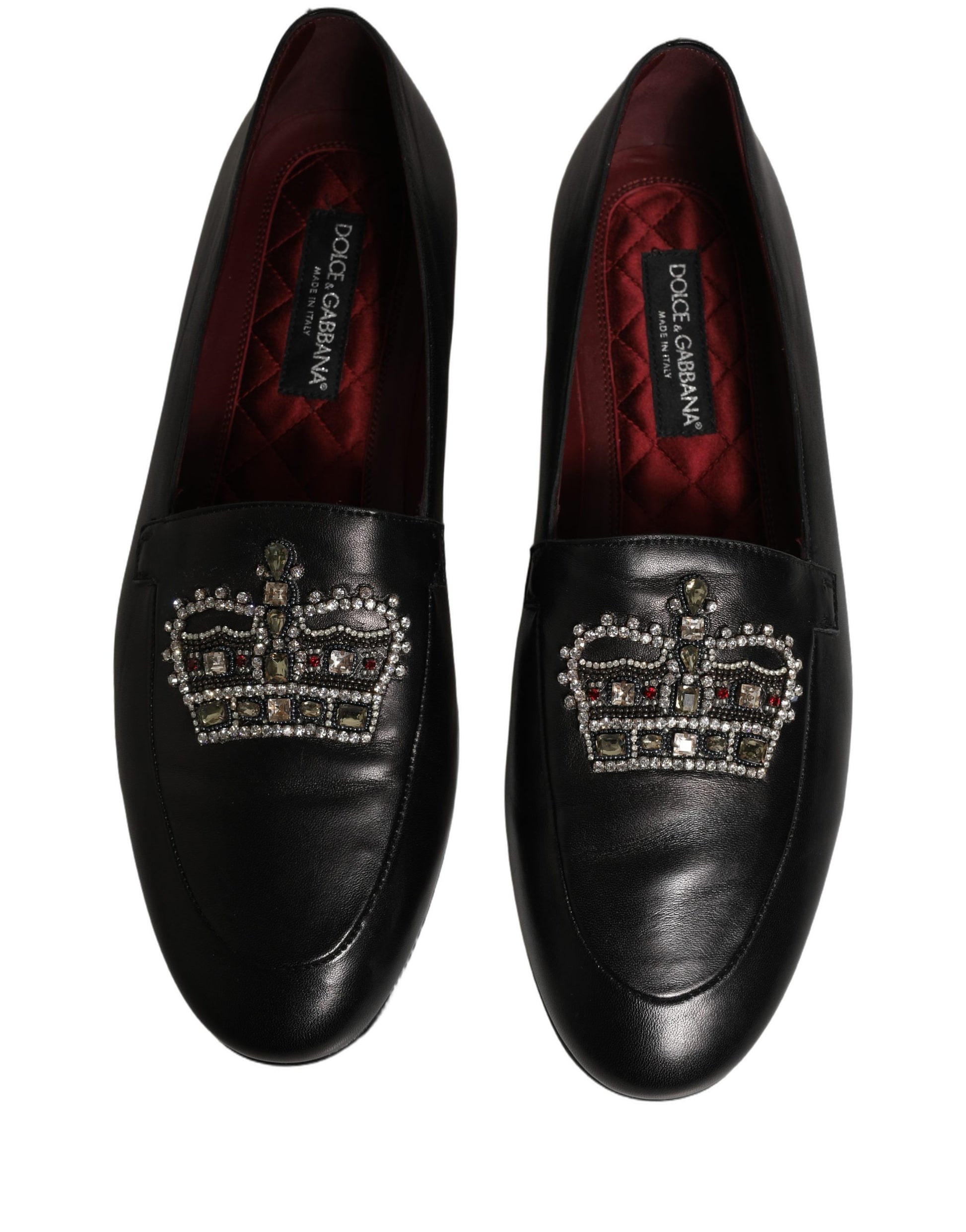 Dolce & Gabbana Black Leather Crown Embellished Loafers Shoes Dolce & Gabbana