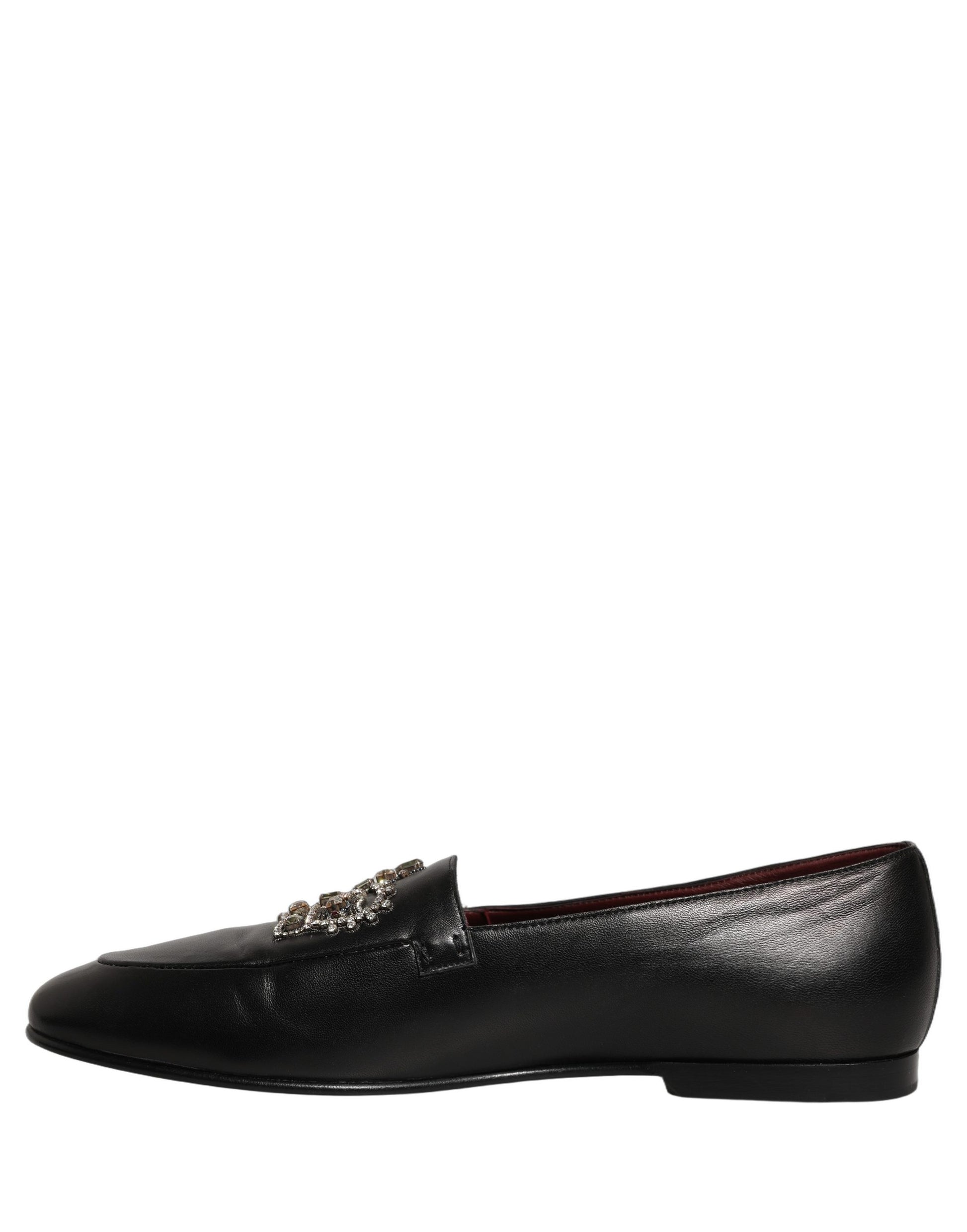 Dolce & Gabbana Black Leather Crown Embellished Loafers Shoes Dolce & Gabbana