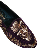 Dolce & Gabbana Violet Velvet Floral Embroidery Loafers Shoes Dolce & Gabbana