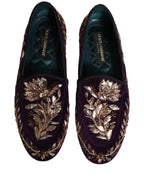 Dolce & Gabbana Violet Velvet Floral Embroidery Loafers Shoes Dolce & Gabbana