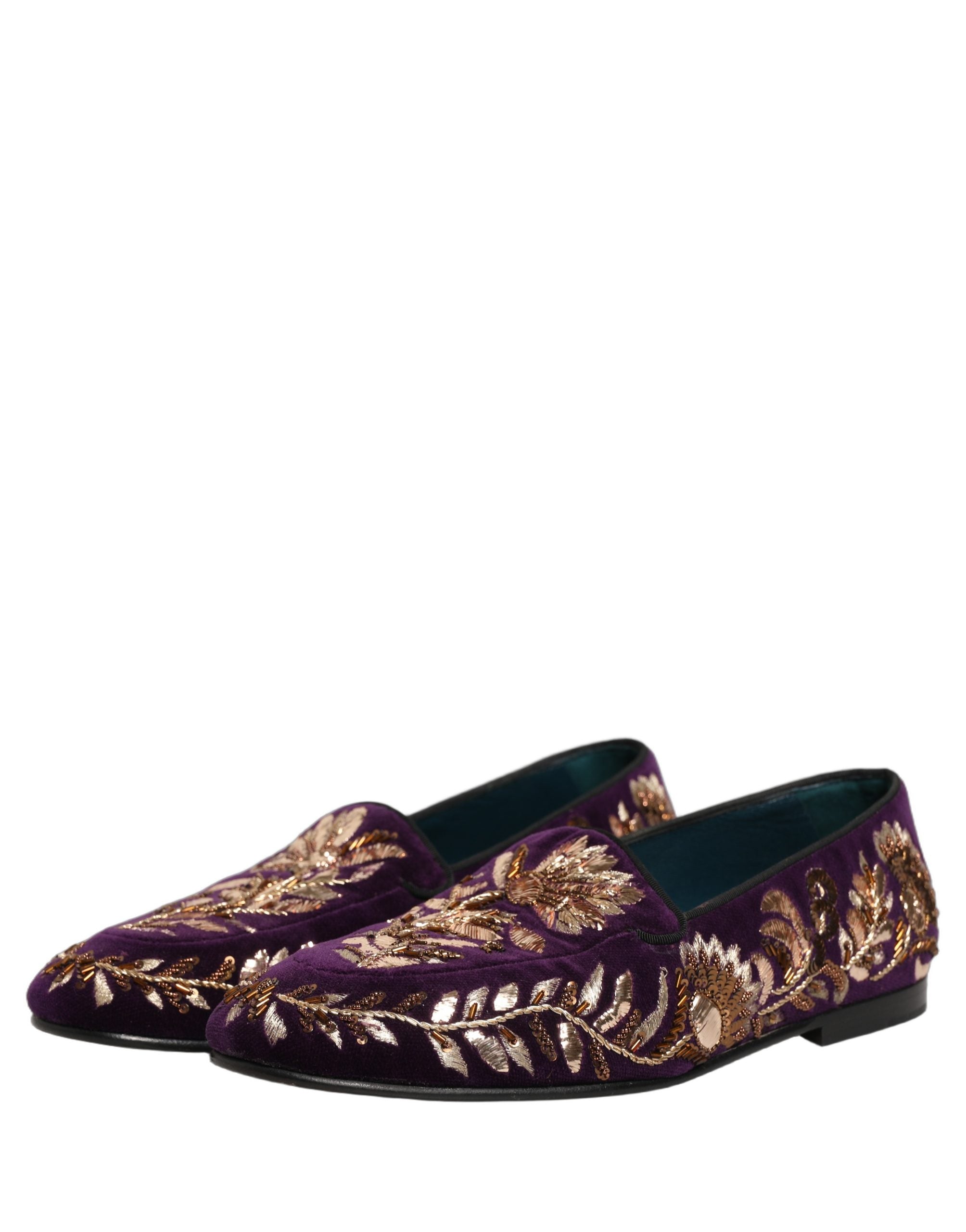 Dolce & Gabbana Violet Velvet Floral Embroidery Loafers Shoes Dolce & Gabbana