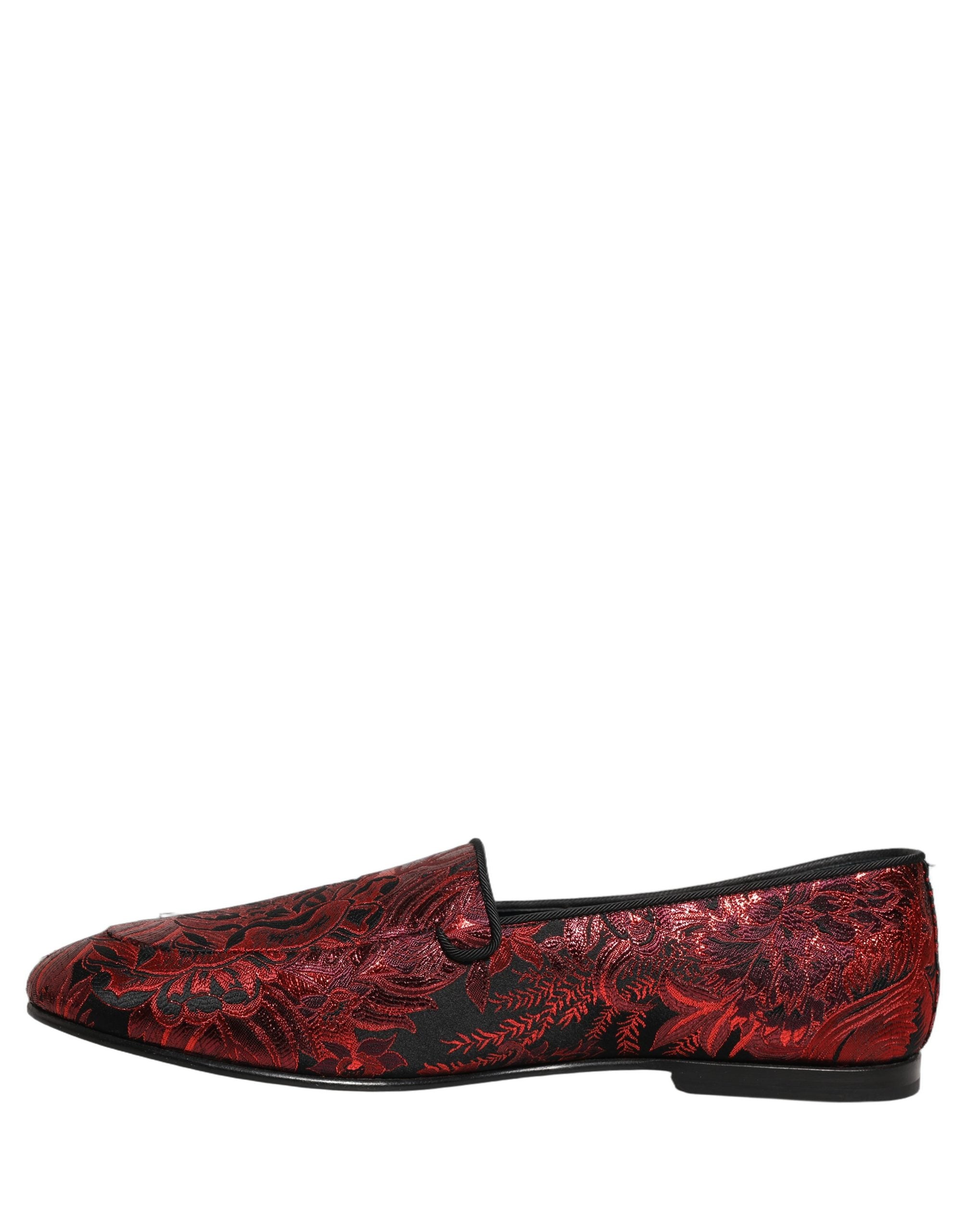 Dolce & Gabbana Red Floral Jacquard Slip On Loafers Shoes Dolce & Gabbana